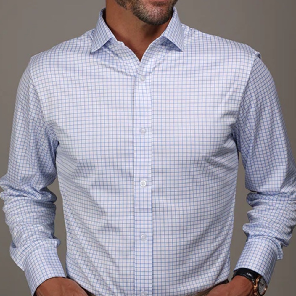 NWOT Collars & Co Thin Blue Check Quattro Flex Semi-Spread Collar Shirt Medium
